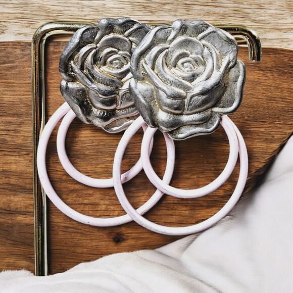Vtg Pewter 3D Metal Rose Earrings Baby Pink Double Loops Romantic Roses Flower - Picture 11 of 11
